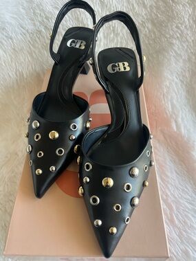Gianni Bini Black Pointed Slingback Heels with Gold & Silver Studs - Leather